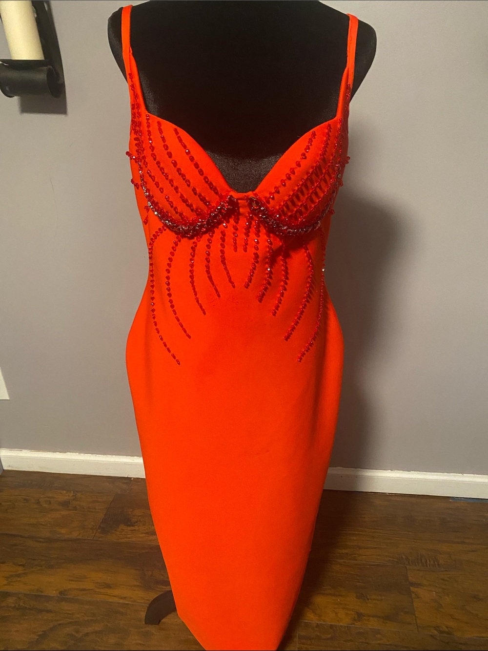 Red Beaded Midi Slip Dress with Sculpted Bust